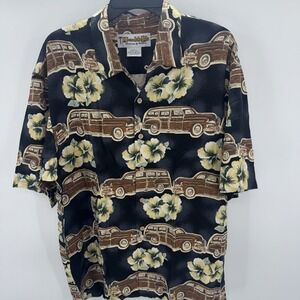 HONOLULU LULU Paradise Silk Hawaiian Shirt Men Large Wagon Tropical 100% SILK